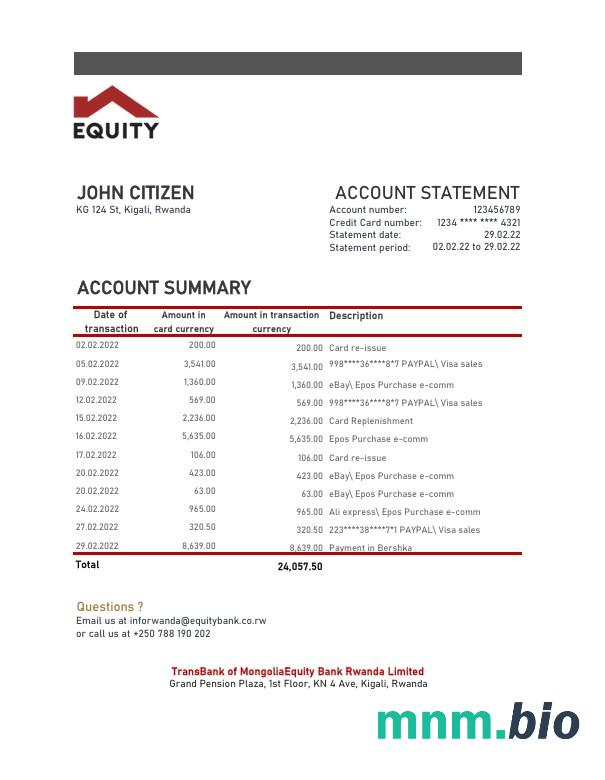 Rwanda Equity bank dowód adresu szablon oświadczenia w formacie Word i PDF